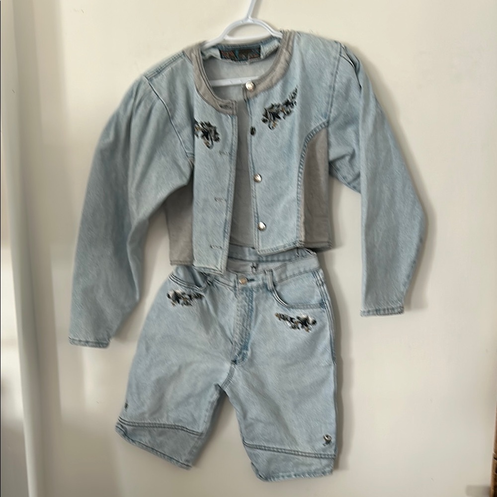 Light Wash Embroidered Denim Jacket and Shorts Set